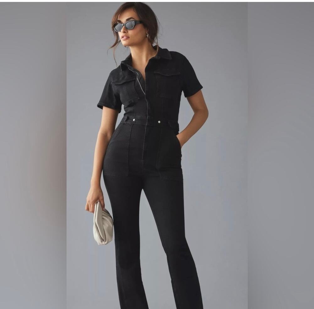 GOOD AMERICAN SHORT SLEEVE
STRETCH DENIM WOMEN JUMPSUIT XS